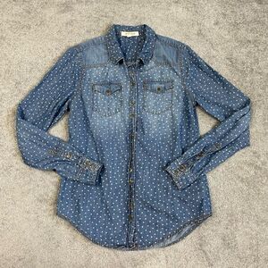 Life in Progress Women’s Small Blue Denim Polka Dot Button Down Shirt Top